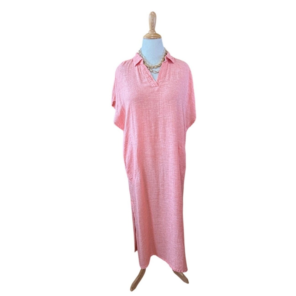 Tahari Women Coral Pink Linen Blend Maxi Dress Short Sleeve Caftan Slit Pocket L